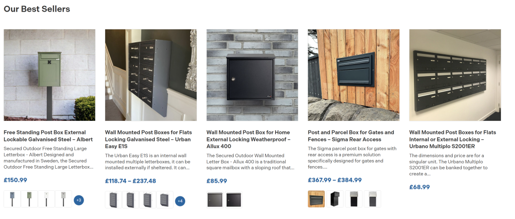 Best-selling post boxes from Letterbox4you displayed with images and pricing, showcasing their most trusted UK letterbox models.