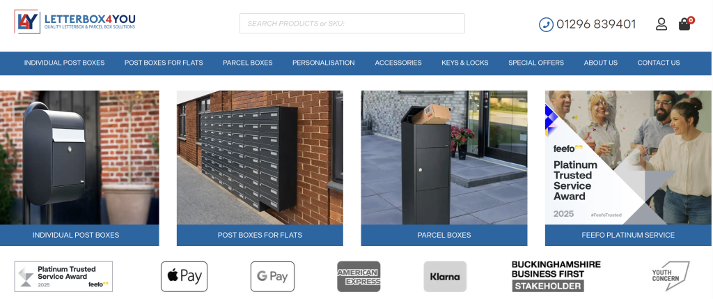 Homepage of Letterbox4you featuring navigation to post boxes, parcel boxes, and company awards