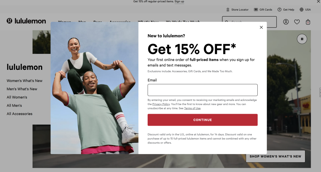 lululemon-first-purchase-discount - AdTribes Lululemon website showing a pop-up for 15% off a first online order with email and text signup form and terms below