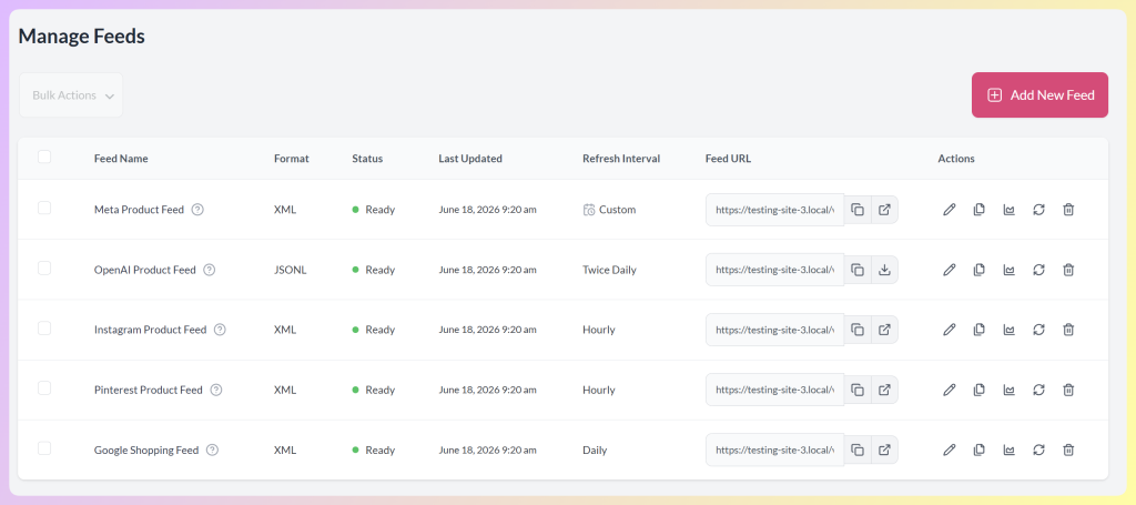 AdTribes Manage Feeds page listing feeds with Format, Status, Last Updated, Refresh Interval, Feed URL, and Actions columns
