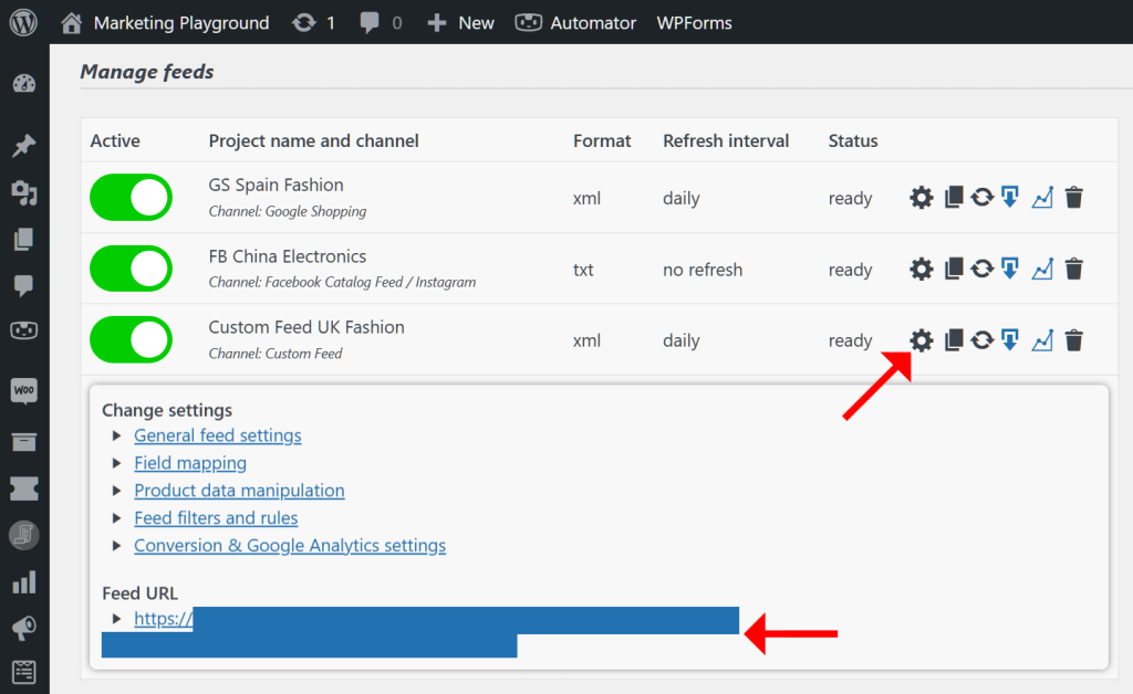 AdTribes' "Manage feeds" page, which shows a list of product feeds for platforms such as Facebook Catalog and Google Shopping, with a gear icon and a Feed URL blocked out