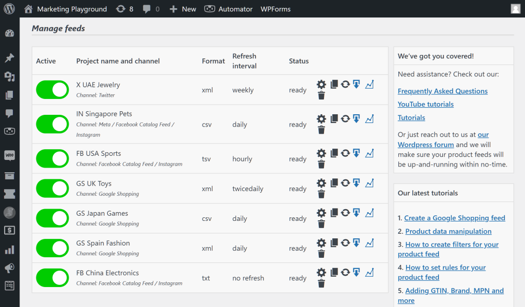 AdTribes' "Manage feeds" page, which shows a list of product feeds for platforms such as X, Facebook Catalog, Instagram, and Google Shopping