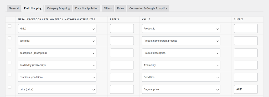 Field mapping settings in the AdTribes plugin showing how product attributes like title, description, and price are connected to feed fields