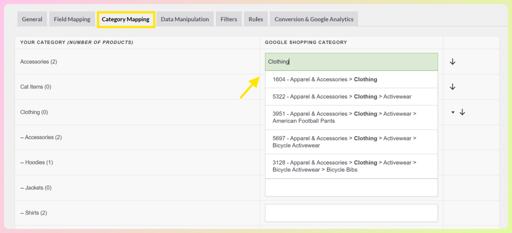 Product Feed Pro category mapping tab matching store categories to Google Shopping categories