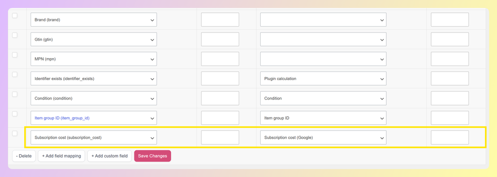 AdTribes Field Mapping with Subscription cost mapped to Subscription cost (Google)
