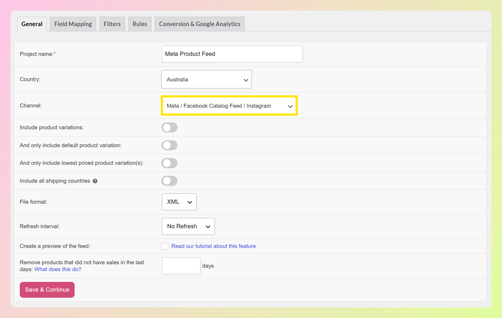 Impostazioni del feed AdTribes con il canale Meta / Facebook Catalog Feed / Instagram selezionato
