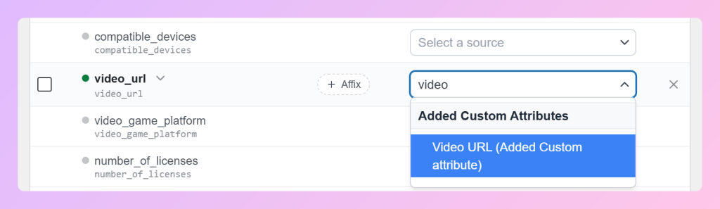 Menu rozwijane Źródło z WooCommerce dla atrybutu Meta video_url przefiltrowane według wideo, z podświetlonym URL filmu Dodany atrybut niestandardowy