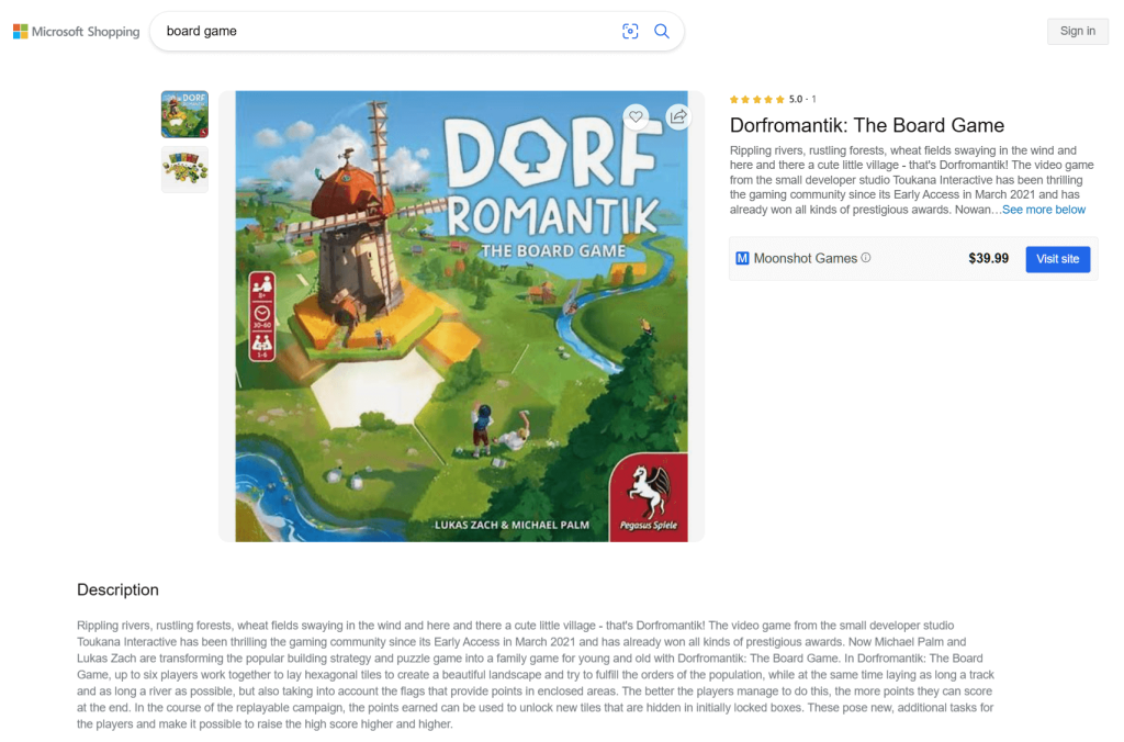 A board game called Dorf Romantik being sold on Microsoft / Bing Shopping, complete with a product description