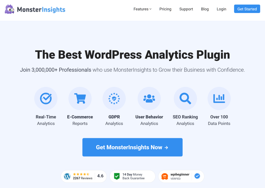 The Monster Insights landing page, showing various features and a call to action