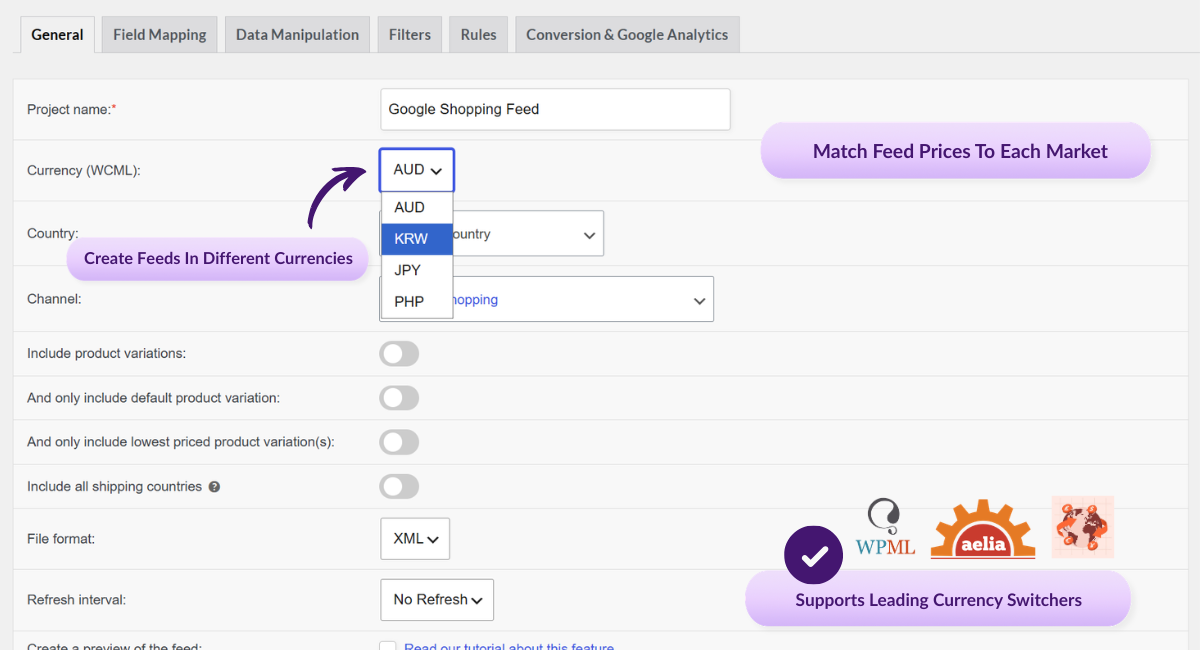 Selettore di valuta di Product Feed Elite con indicazioni multivaluta