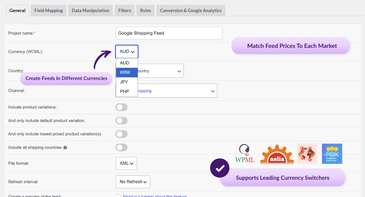 Selettore di valuta di Product Feed Elite con indicazioni multivaluta