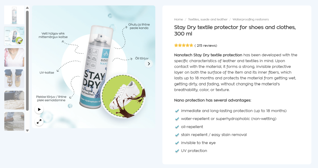 GoGoNano’s Stay Dry nano spray with labeled benefits such as UV protection, water repellency, and stain resistance