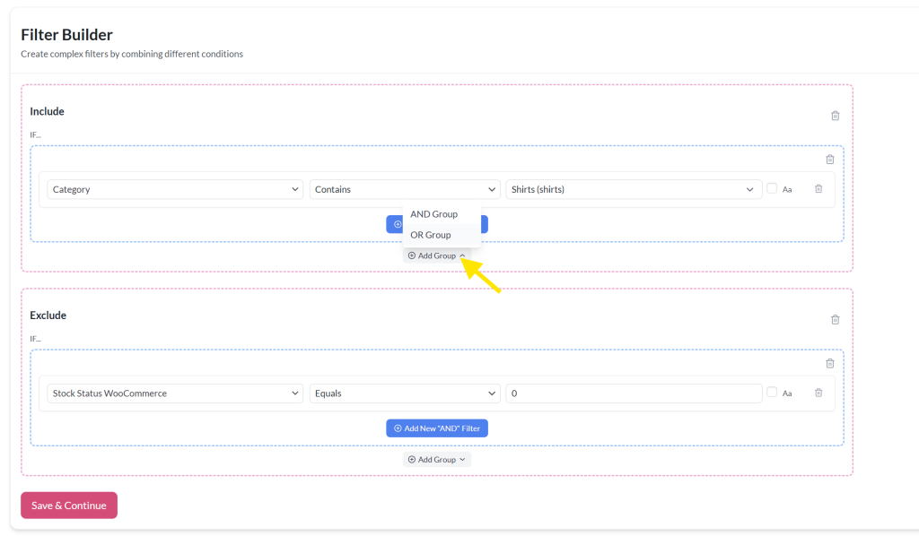 Visual interface showing how to add AND or OR condition groups in the new product feed filter builder in AdTribes Product Feed Pro
