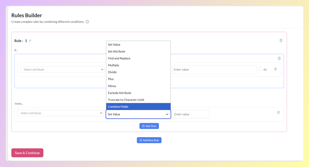 Combine Fields option selected in the Product Feed Elite Rules Builder