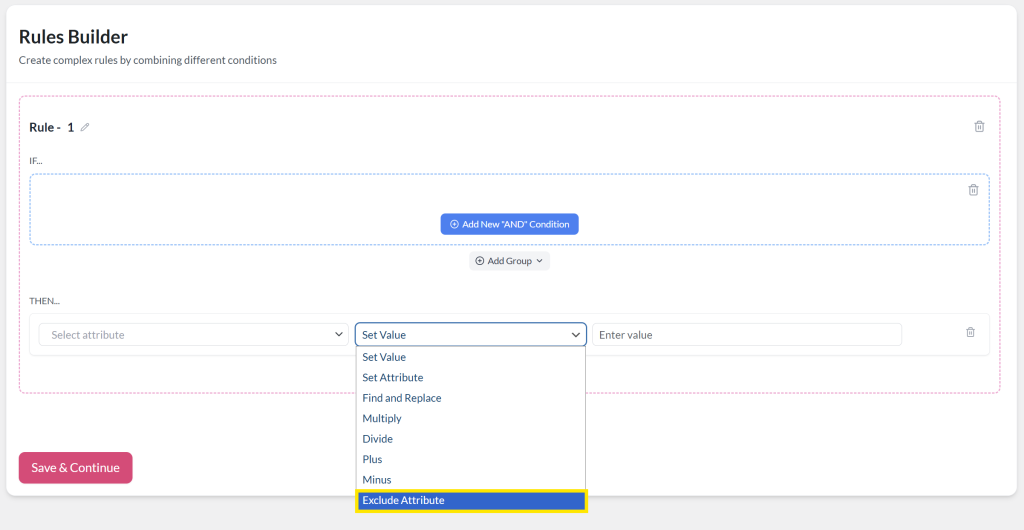 Rules Builder in the AdTribes plugin showing the Exclude Attribute option selected in the Then action dropdown