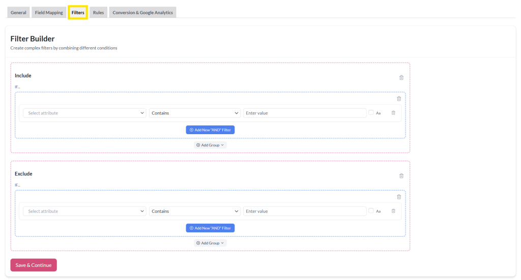 new-product-feed-filter-tab - AdTribes AdTribes plugin showing the filter builder with include and exclude options based on product attributes