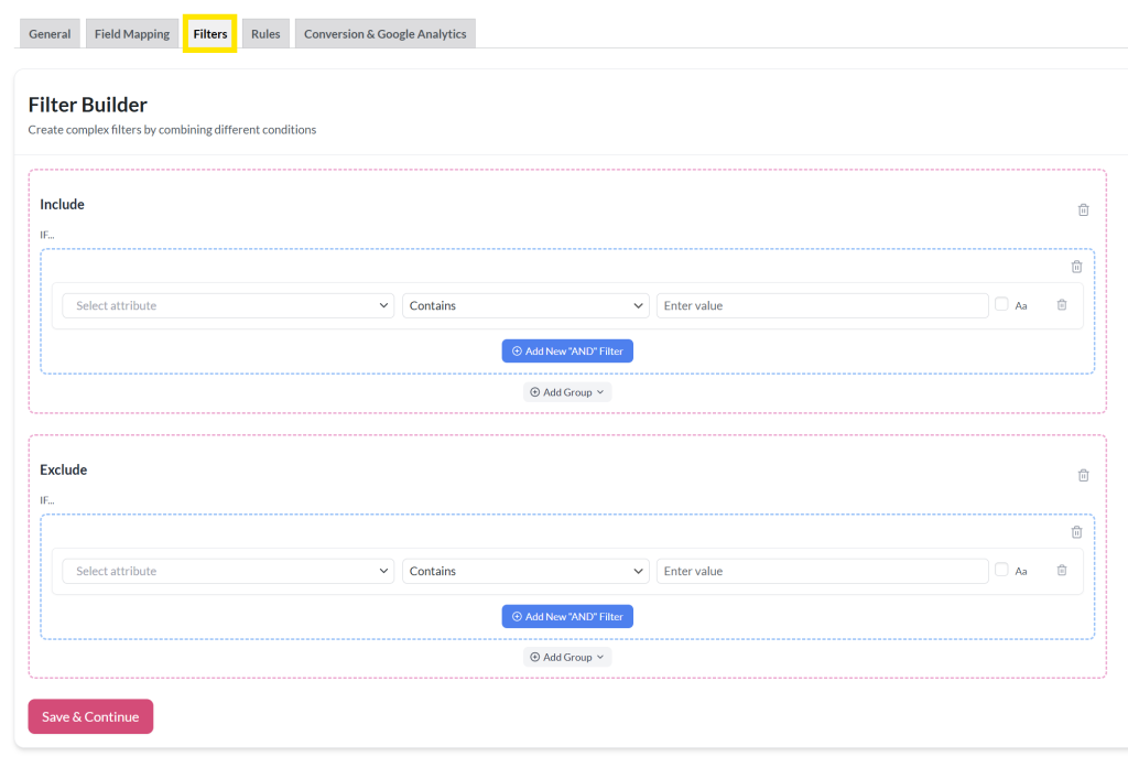 new-product-feed-filter-tab01 - AdTribes Filter Builder tab with separate sections for Include and Exclude conditions using grouped logic blocks