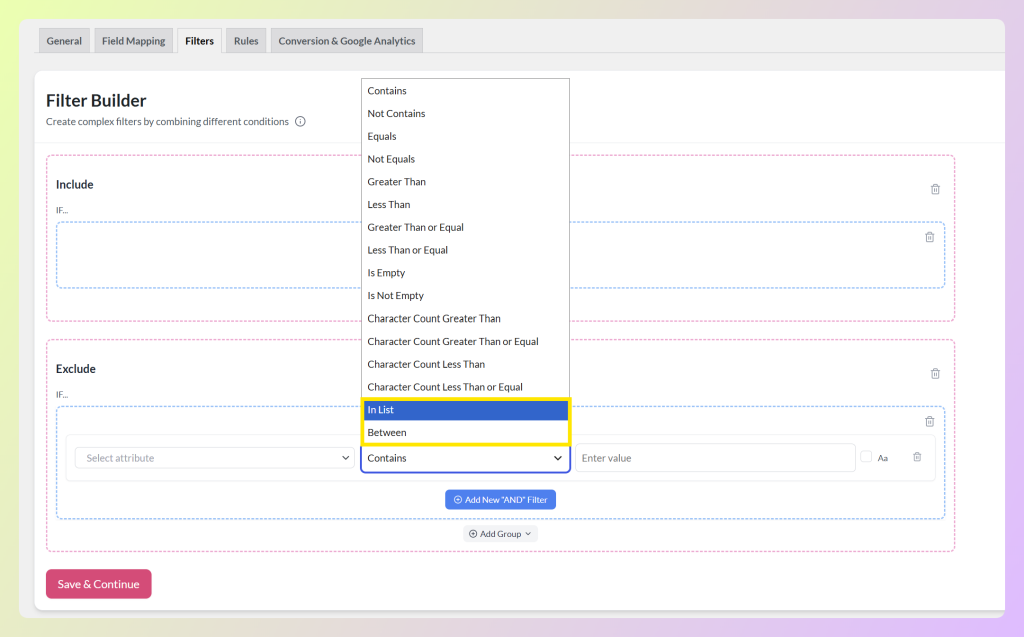 Product feed condition dropdown showing the new In List and Between options