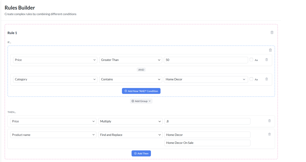 new-product-feed-rule-example-01 - AdTribes Product feed rule setup example with IF condition for price and category, and THEN actions to multiply price and update product name