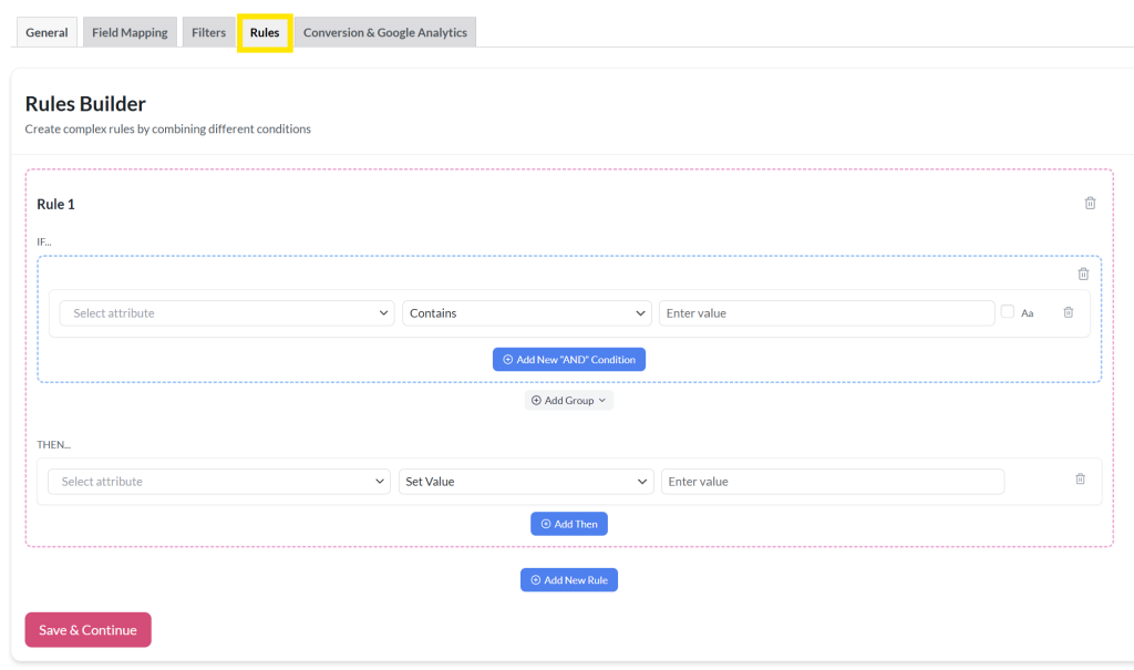 new-product-feed-rules-tab - AdTribes Rules Builder tab showing grouped IF conditions and THEN actions using a visual block interface