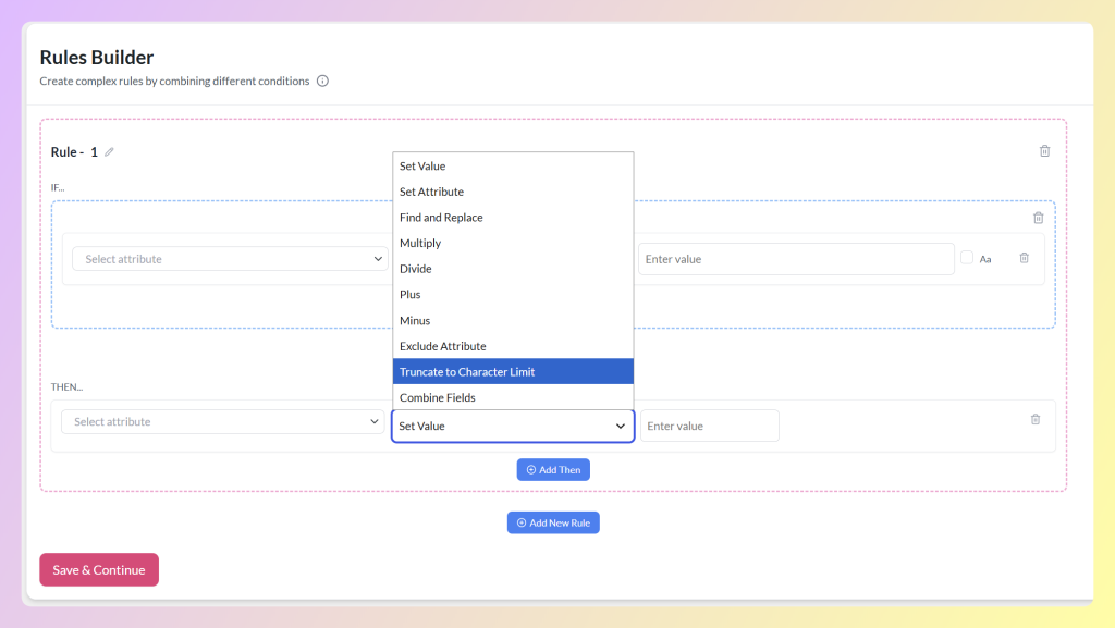 Truncate to Character Limit option selected in the Product Feed Elite Rules Builder