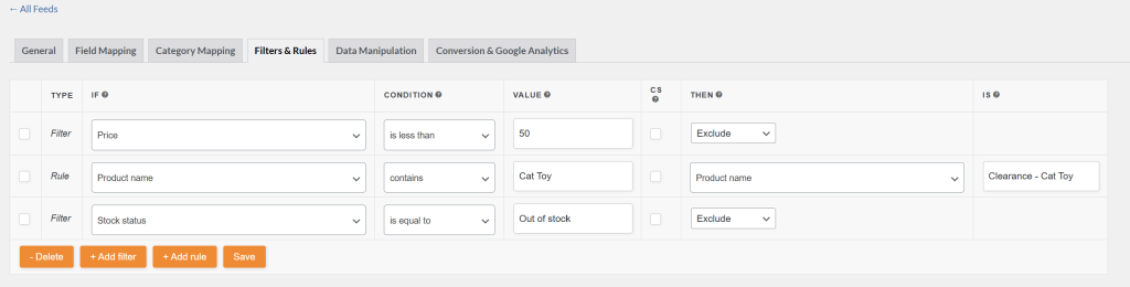 old-field-filters-adtribes - AdTribes Legacy "Filters & Rules" tab interface showing table rows for filters and rules in a single list format