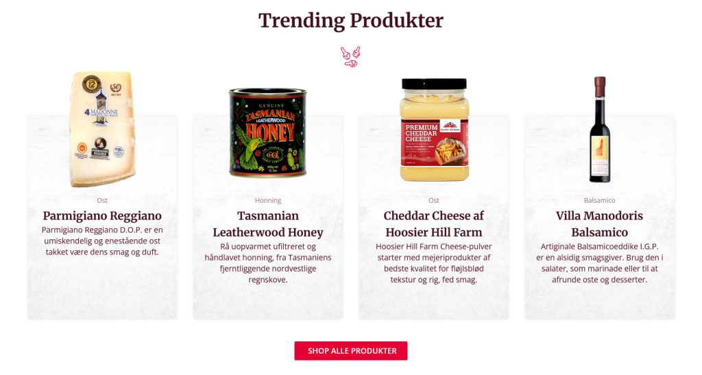 A selection of four trending food products, including cheese, honey, and balsamic vinegar, presented in a stylish layout.