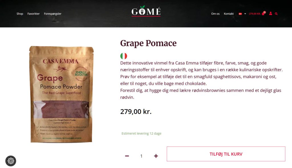 A package of Casa Emma Grape Pomace Powder is displayed, highlighting its use as a nutritional ingredient and its price of 279,00 kr.