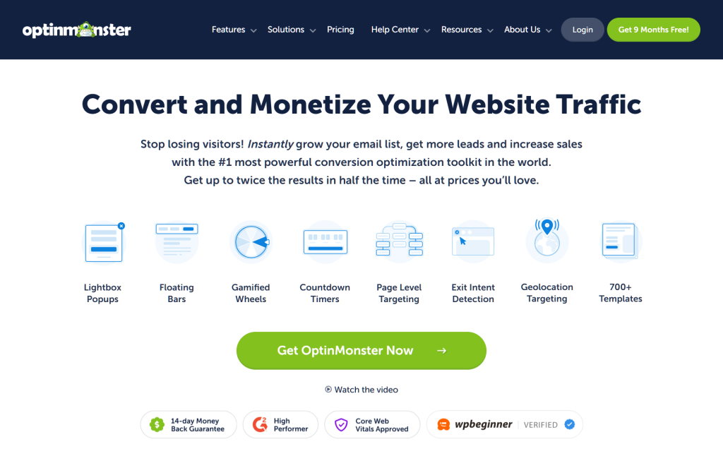 The OptinMonster landing page, showing various features and a call to action