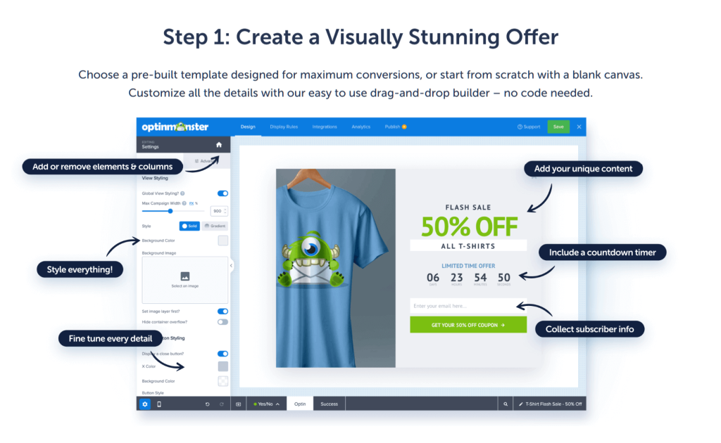 The OptinMonster interface, showing a popup featuring a blue t-shirt being created