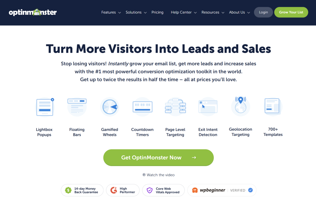 optinmoster-homepage - AdTribes OptinMonster homepage showing lead generation and conversion tools