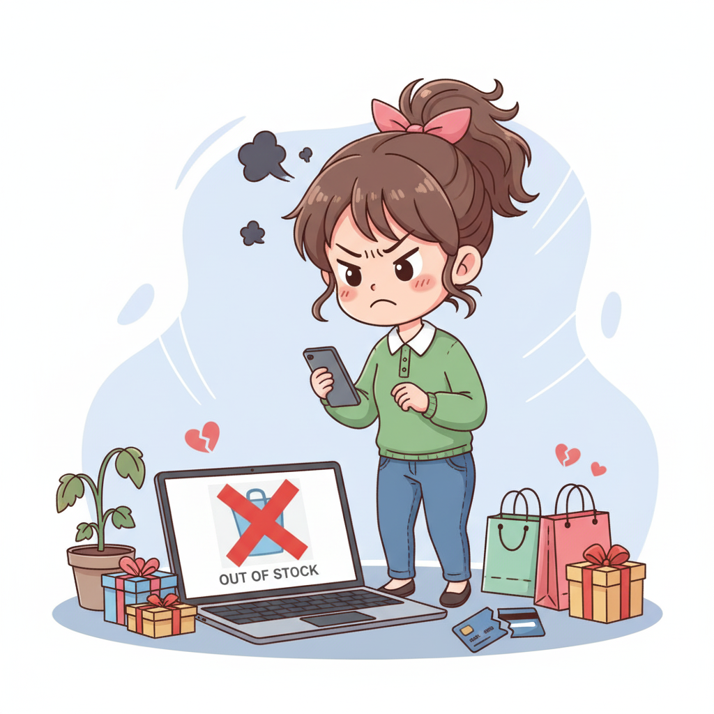 out-of-stock-products-frustrate-customers - AdTribes Cute illustration of an angry girl looking at her phone while a laptop screen shows an “out of stock” sign;