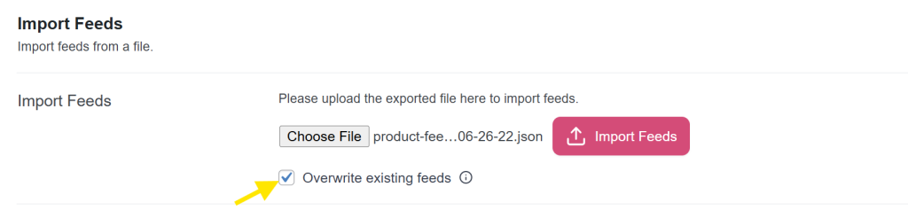 “Overwrite existing feeds” checkbox shown during the import process 