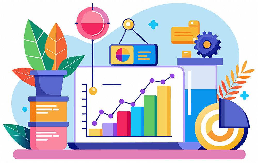 a bar chart showing an upward trend, surrounded by various symbols, including potted plants, a gear, a credit card, and a dart board