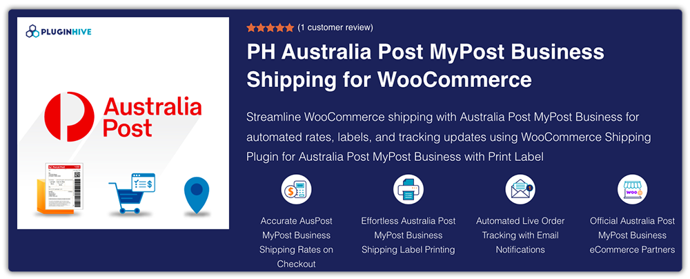 Promotional banner for PH Australia Post MyPost Business Shipping plugin for WooCommerce, showing Australia Post logo, feature icons, and service highlights.