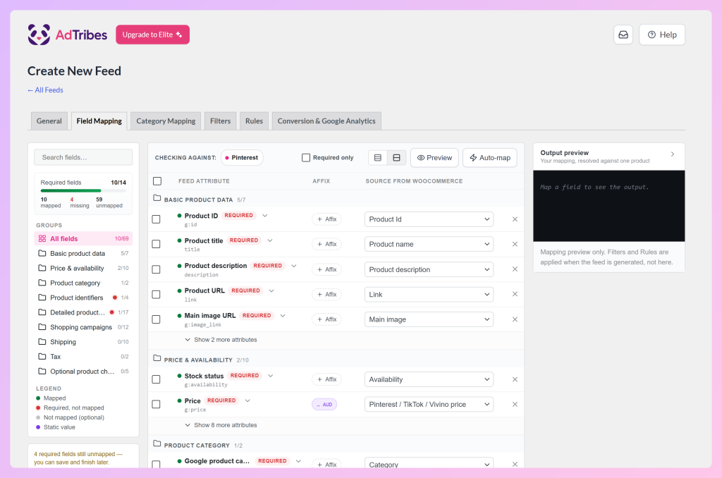 Field Mapping tab for a Pinterest feed in Product Feed Pro with the Required fields counter and Pinterest attributes mapped to WooCommerce sources
