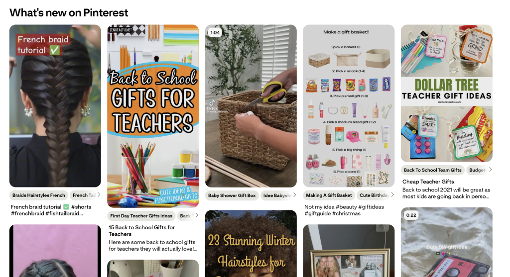 pinterest-feed-vertical - AdTribes Pinterest’s vertical pin layout showing content such as back-to-school gift guides, hairstyle tutorials, and DIY gift baskets