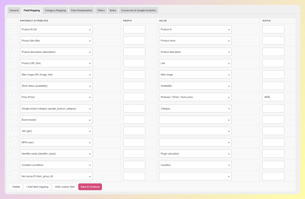 Field Mapping screen showing Pinterest attributes mapped to WooCommerce product values