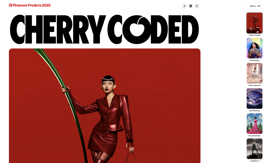 pinterest-predicts-2025 - AdTribes A model dressed in a shiny cherry-red outfit in front of a solid red backdrop, representing the “Cherry Coded” trend featured in Pinterest Predicts