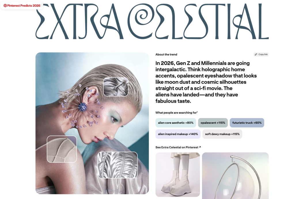 Pagina della tendenza Extra Celestial di Pinterest Predicts 2026 con una modella con trucco argentato e opalescente e ricerche in aumento come "alien core aesthetic" e "opalescent"