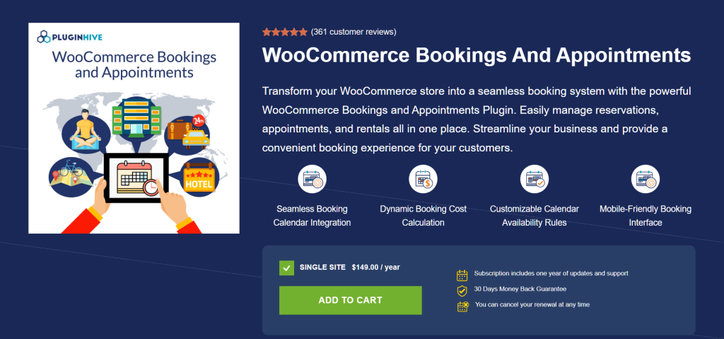 Website product page for PluginHive's WooCommerce Bookings and Appointments plugin, showing a tablet booking graphic, feature icons, and $149/year pricing.
