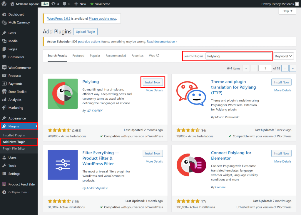 The WordPress Admin Dashboard, showing the route from the Plugins panel to the Add New Plugin panel, and the ability to search for and install plugins such as Polylang