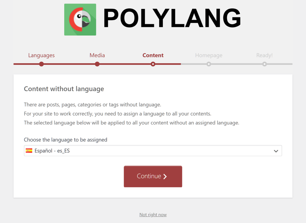 The Content phase of Polylang setup wizard, with a dropdown menu allowing users to choose the language to be assigned to all the contents of a store