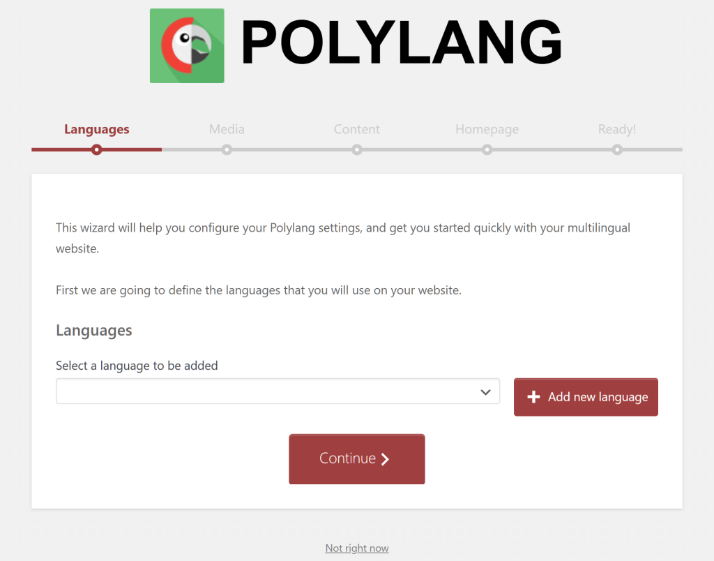 The Languages phase of Polylang setup wizard, with a dropdown menu allowing users to choose the languages to add to their online store