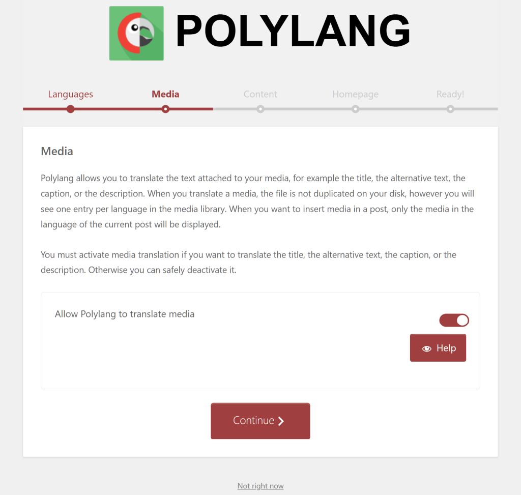 The Media phase of Polylang setup wizard, allowing users to allow Polylang to translate media