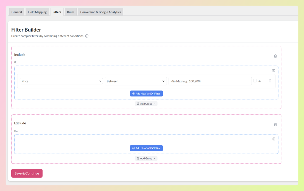 Between condition selected on the Price attribute in a product feed filter