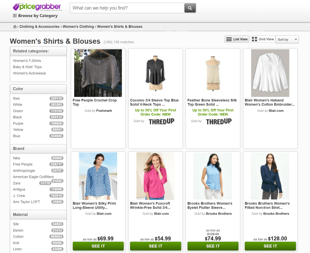 A display of women's shirts and blouses on PriceGrabber