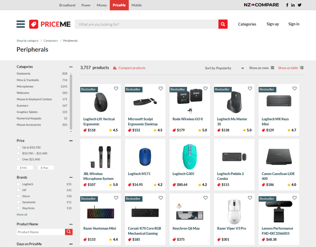 A display of computer peripherals on comparison shopping engine PriceMe