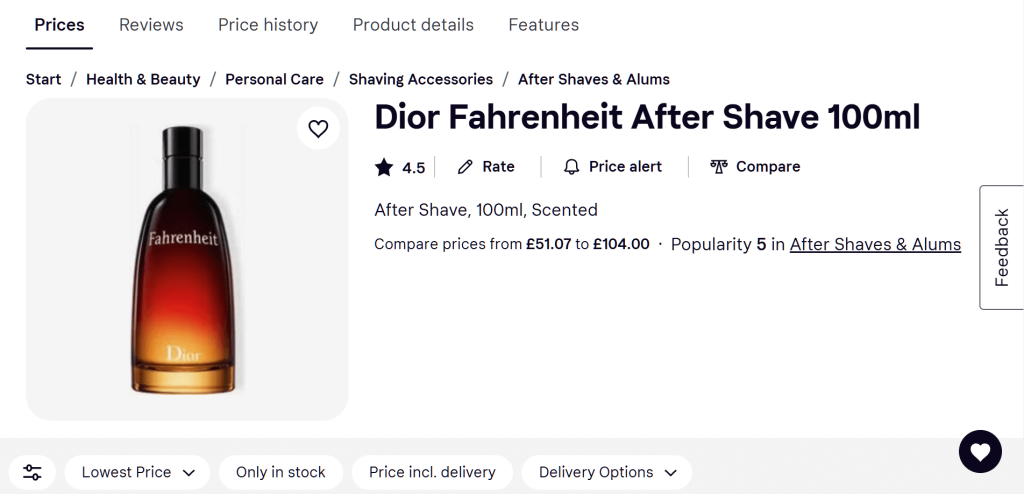 Dior Fahrenheit After Shave 100ml being sold on PriceRunner, complete with a prices