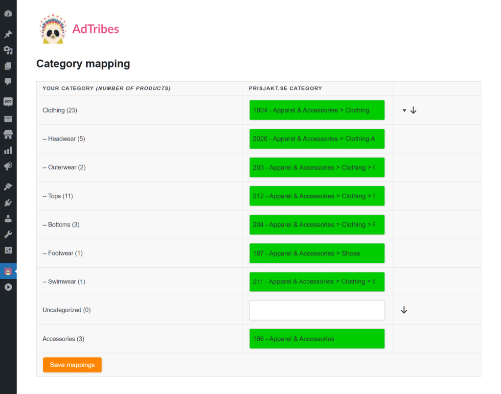 The Prisjakt product feed settings, specifically the category mapping settings